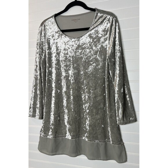 Coldwater Creek Shine Velvet Gray Chiffon Bottom Tunic blouse top Medium - Picture 2 of 11